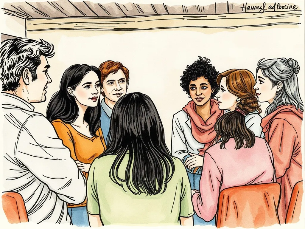 Individuals engage in a supportive group discussion, representing a strong mental health support network and peer support for stress management.