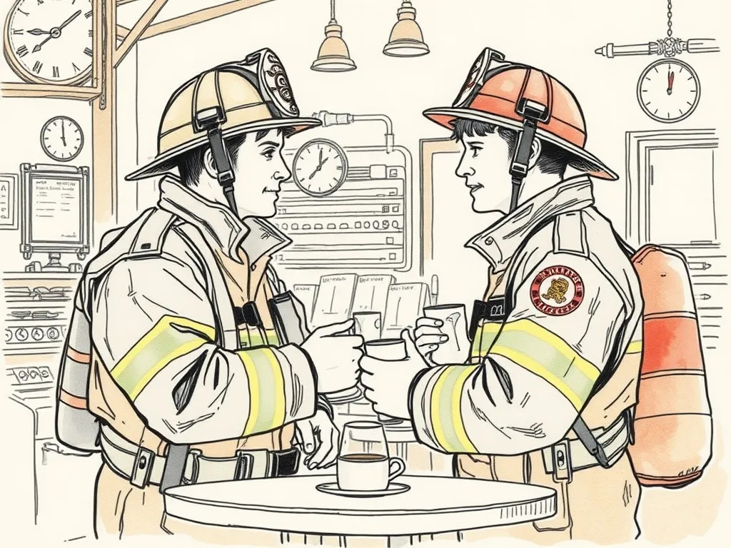Two firefighters sharing a moment of mutual support and empathetic listening, highlighting the importance of peer connection and communication in managing stress.