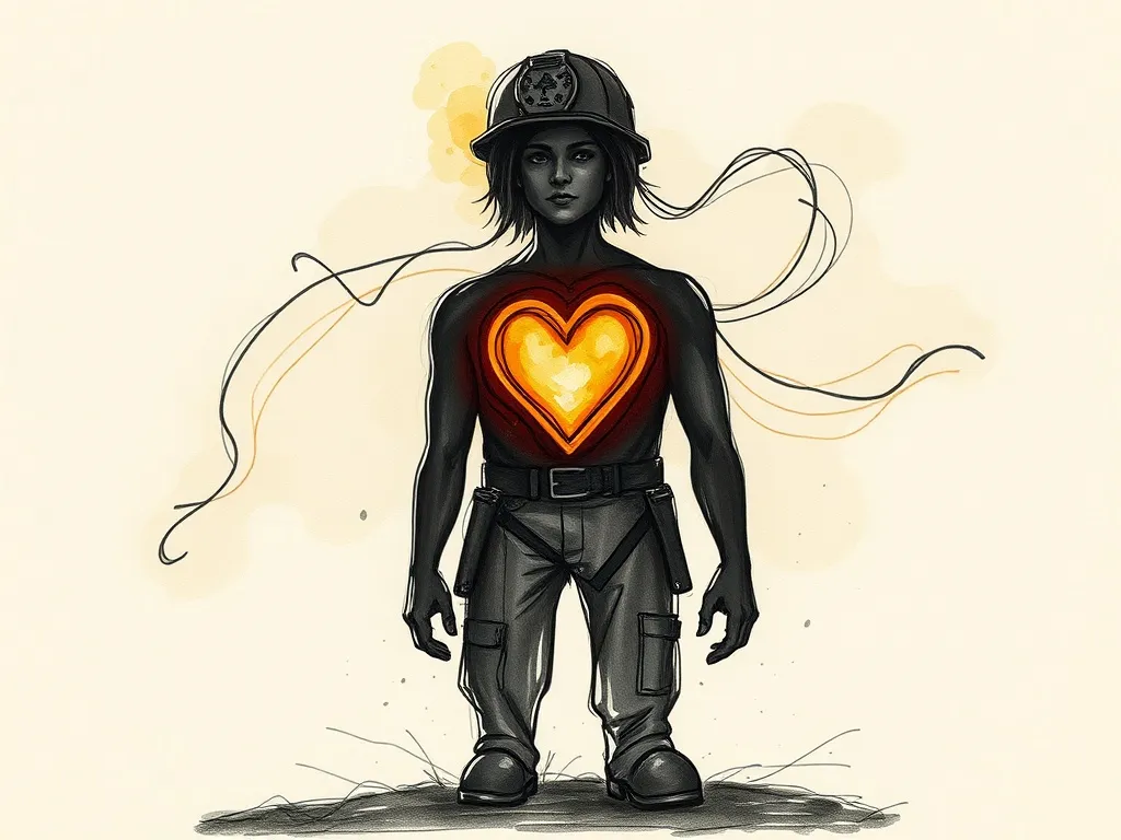 A symbolic representation of a resilient individual's inner calm amidst external stress, illustrating the psychological burden and strength found within firefighters.