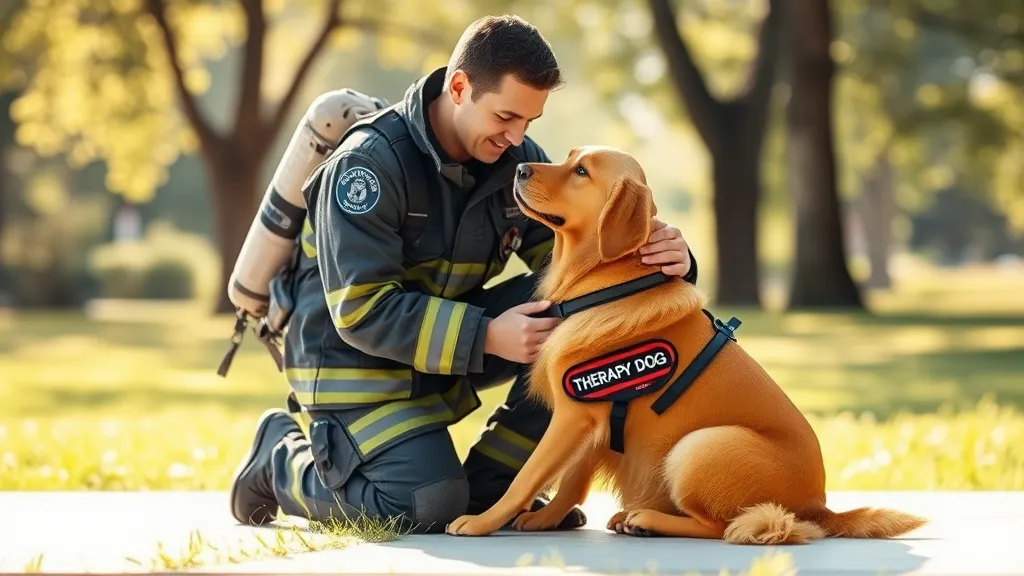 Firefighter receives comfort from a golden retriever