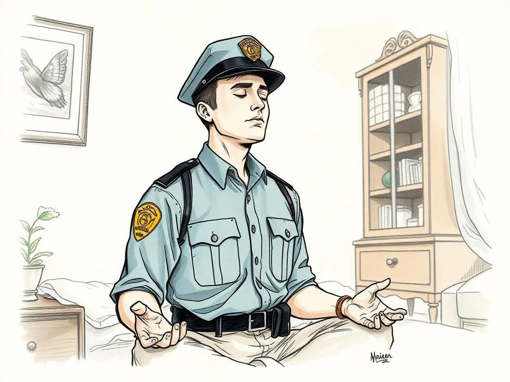 Police officer practicing deep breathing for emotional regulation and stress reduction after a shift.