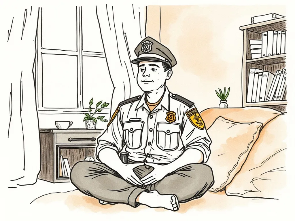 An off-duty first responder engaging in a calm, healthy activity like meditation to de-stress, symbolizing effective coping mechanisms for high-stress professions and police officer substance abuse prevention.