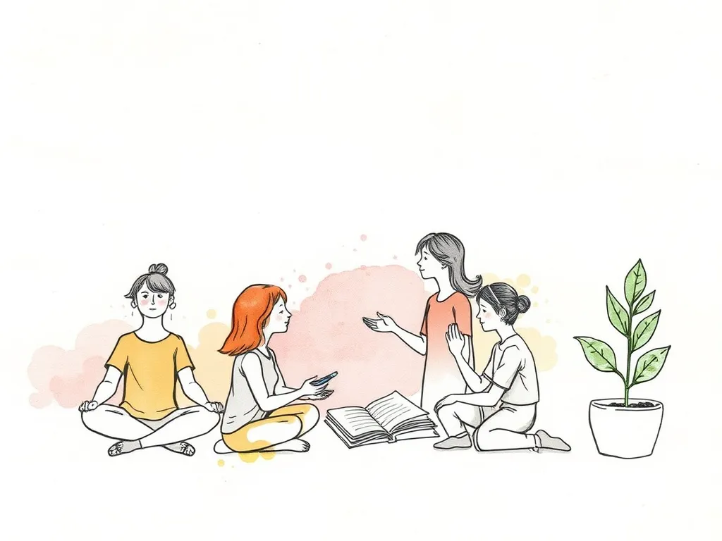 Illustrative images representing various healthy coping strategies, including mindfulness, physical activity, social support, and creative outlets for stress relief.