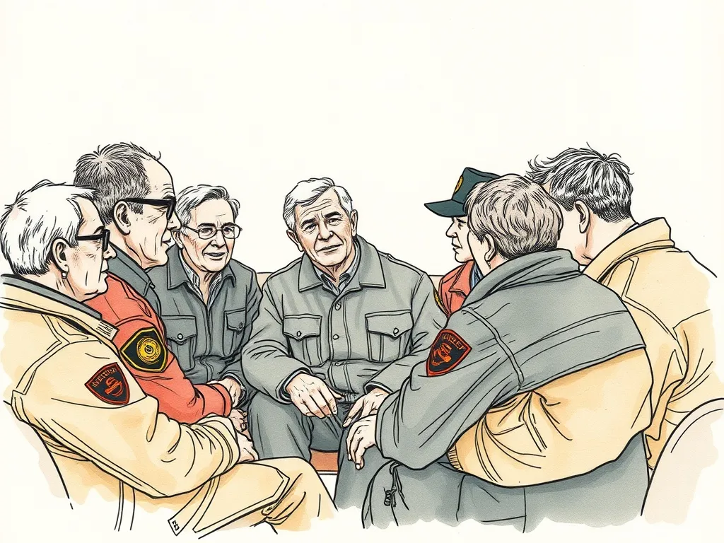Retired first responders participating in a support group, illustrating community and shared experiences in navigating retirement and mental health.