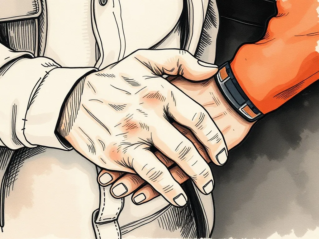 Hands of a retired first responder being gently supported by another, representing the importance of connection and professional help in post-retirement mental wellness.