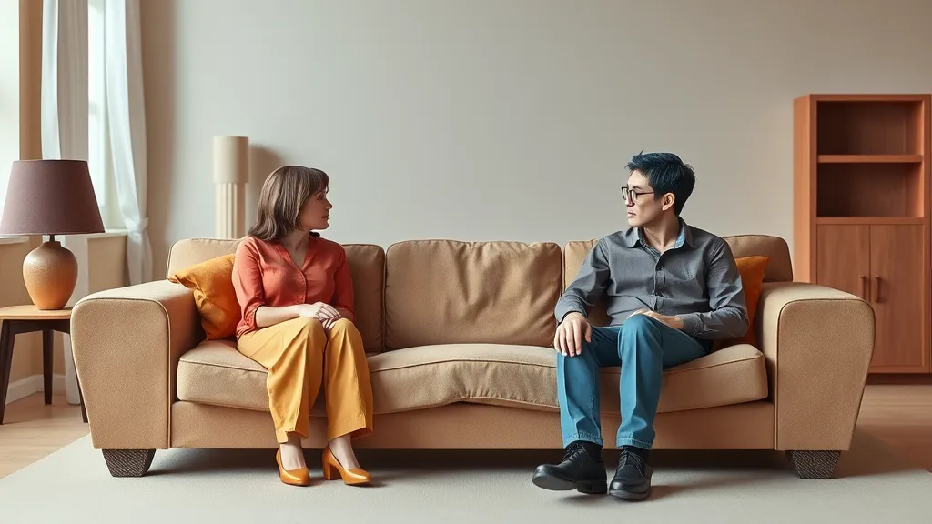 A couple sitting on a couch, clearly disconnected, representing the emotional distance in the relationship