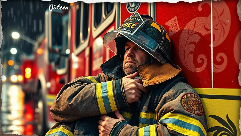Alt text: A sleep deprived firefighter leans against a firetruck