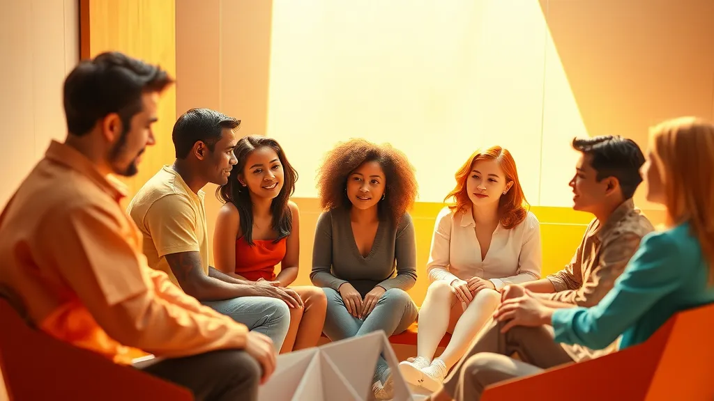Several individuals are seated in a circle, engaged in a support group setting. They appear to be sharing their experiences and offering each other comfort and understanding. The atmosphere is one of empathy and shared support.